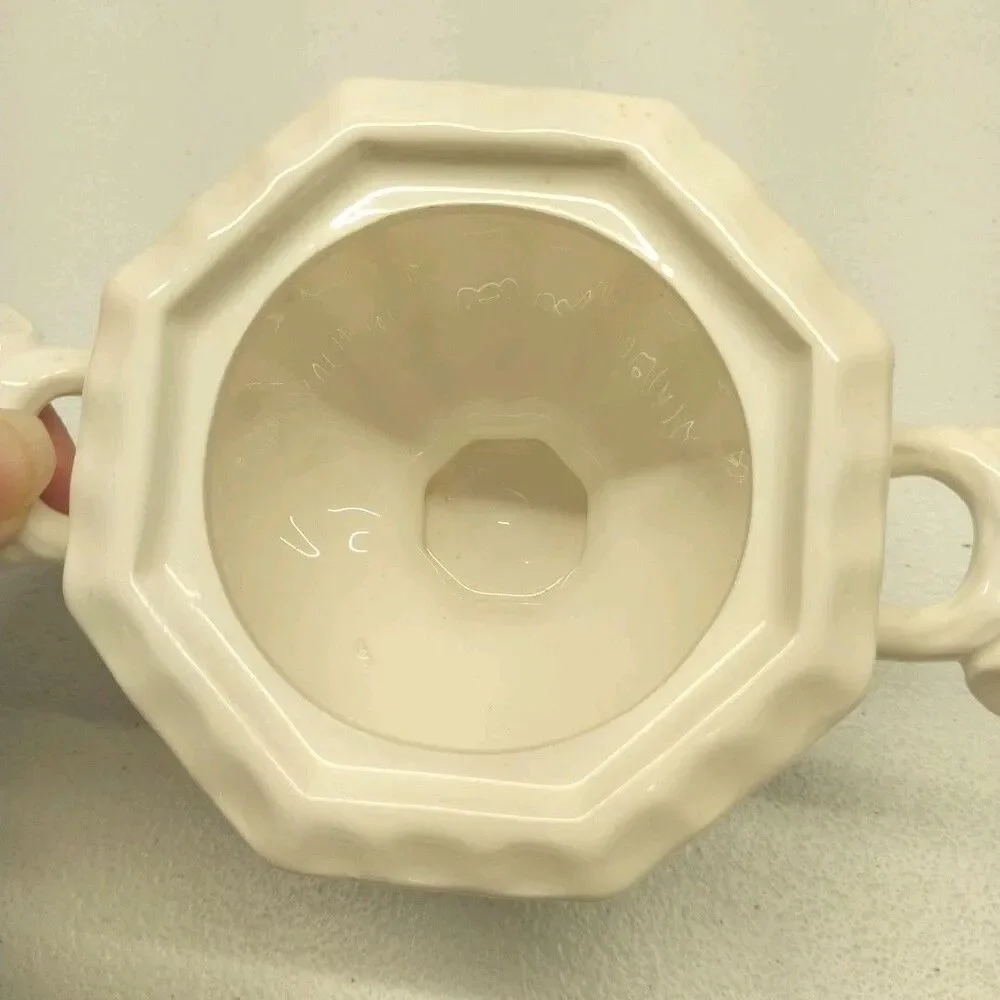 Vintage Ivory Ceramic Covered Sugar Bowl Grape Pedestal w/ Original Metal Spoon